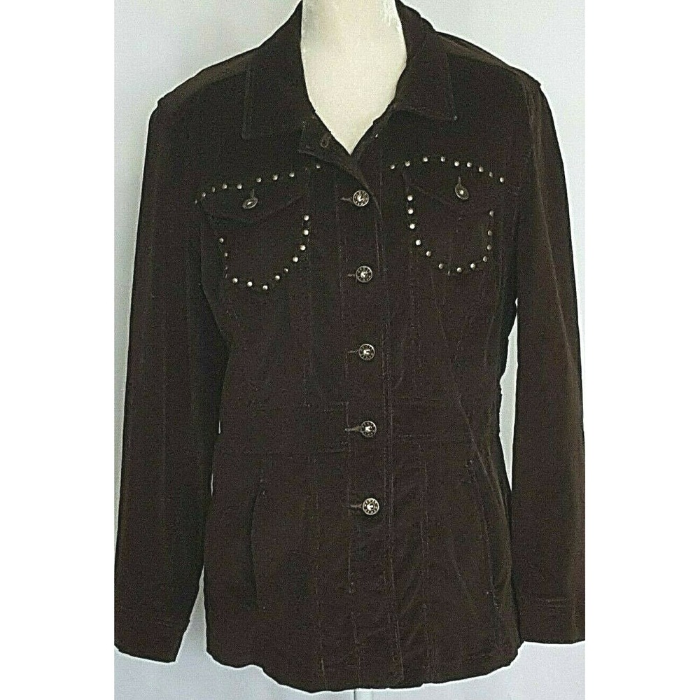 Women's Corduroy Jacket Size M Brown Button Front Pockets Studs Kikit Jeans